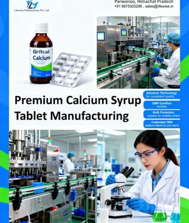 Gritcal Calcium syrup and tablets shown with the filling line and quality-control lab that manufacture them