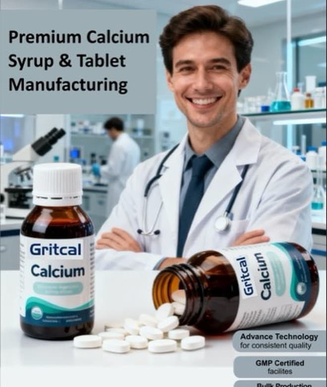 A second promotional photo of Gritcal Calcium syrup and tablet manufacturing