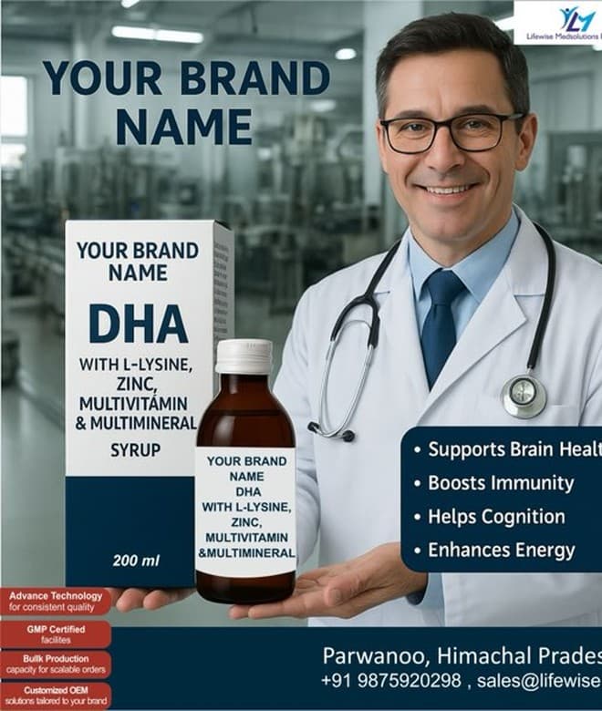 A private-label DHA, multivitamin and multimineral syrup pack, showing where a client's own brand name is printed