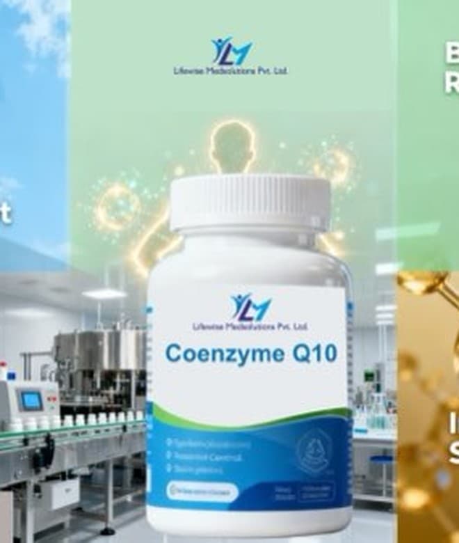 A Coenzyme Q10 capsule bottle manufactured under the Lifewise brand